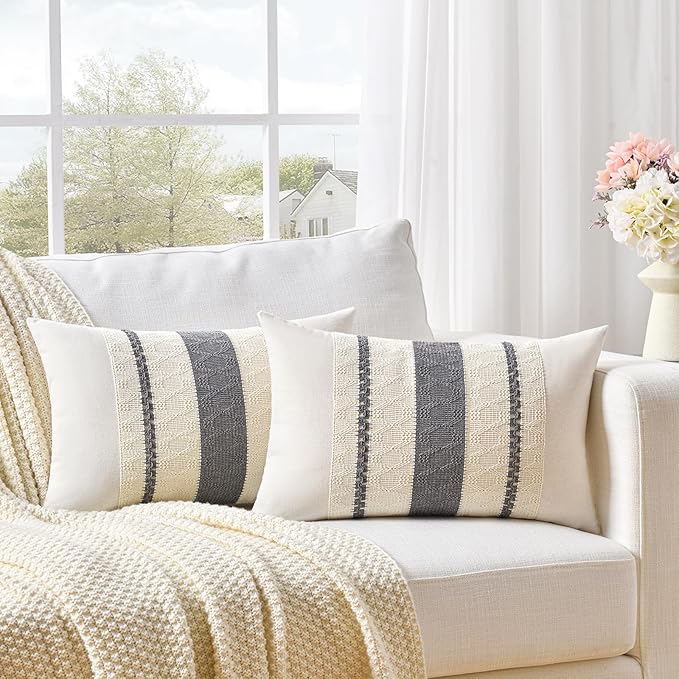 Fancy Homi Set of 1 Neutral Grey Farmhouse Long Lumbar Decorative Throw Pillow Covers 14x24 Inch for Couch Bed Chair, Vintage Country Rustic Retro Room Decor, Soft Thick Cotton Rectangle Cushion Case