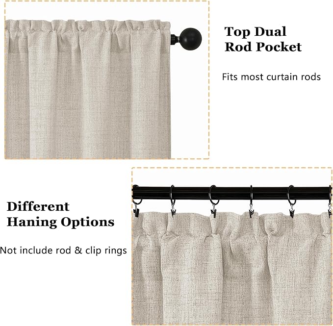 OWENIE Natural Valances for Windows 1 Pcs, Light Filtering Textured Farmhouse Short Small Valance Curtains for Bathroom Basement Living Room Bedroom, Rod Pocket Half Curtains Over Sink, 60" W by 16" L