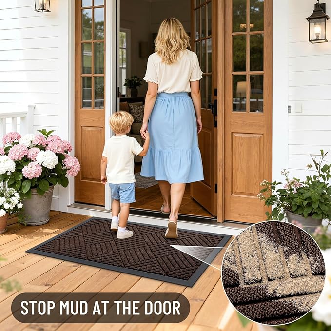 OLANLY Front Door Mat Outside Entrance 47x23, Absorbent, Heavy Duty Sturdy Natural Rubber Doormat Indoor Outdoor, Stain and Fade Resistant, Non-Slip Low Profile Floor Mat for Entryway, Brown Diamond