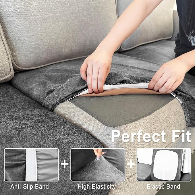 Leather Look Couch Cushion Covers Sofa Seat Slipcovers Sets Couches Furniture Protector for Sectional Armchair Loveseat Pets Kids Stretch Spandex Fabric (1 Cushion XL Sofa, Light Grey)