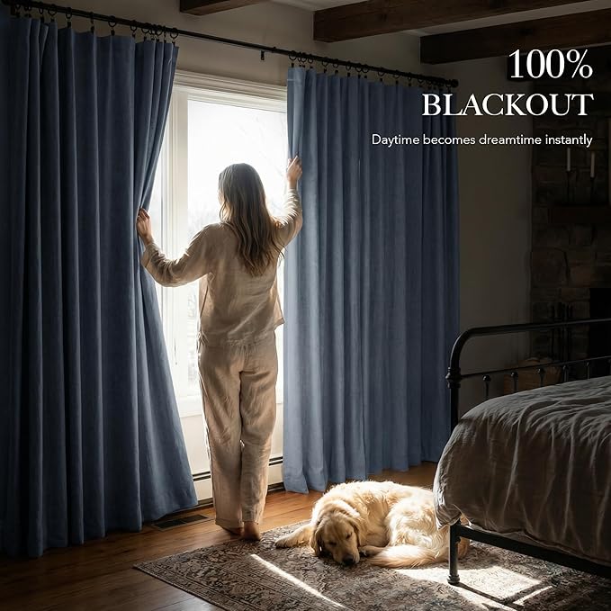 RYB HOME Linen Texture Curtains for Bedroom, 100% Blackout Thermal Insulated Curtains, Rod Pocket&Back Tab Room Darkening Drapes Luxury Decor for Living Room Nursery, W52xL108, 2 Panels, Smoky Blue