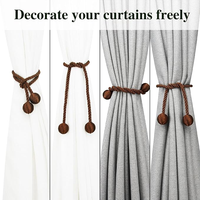 Curtain Tiebacks Outdoor Elegant Decorative Tie Backs Modern Rope Tiebacks for Drapes Window Curtain Holdbacks for Draperies (Coffee, 4)