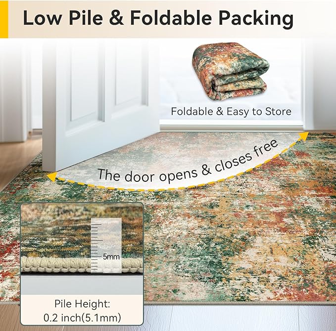 Washable Area Rugs 4ft Non-Slip Modern Abstract Soft for Living Room Entryway Bedroom Nursery, Print Pattern, Green Orange Rust Red Cream Colorful