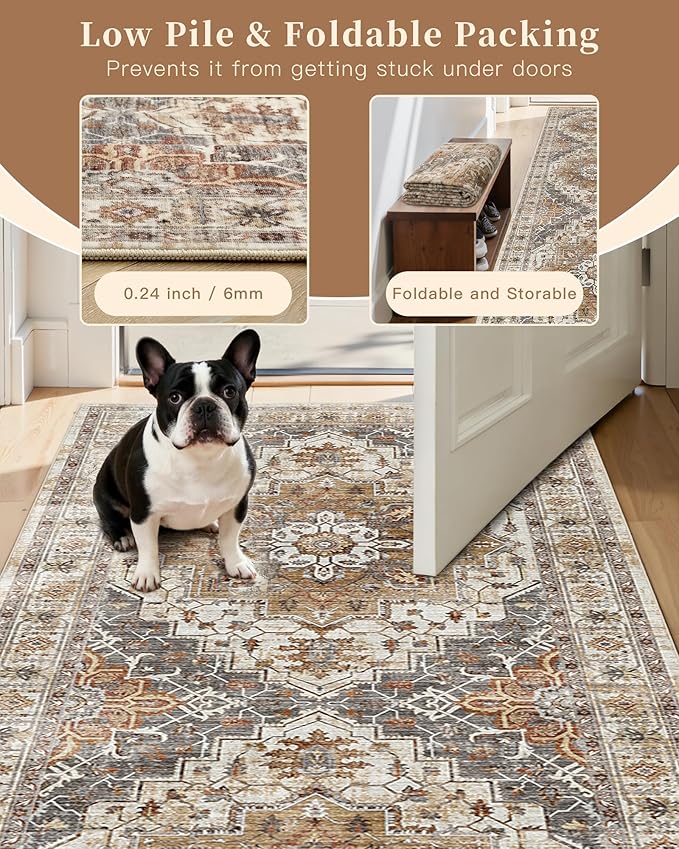 Madane Hallway Runner Rug 2'6''x14', Non Slip Vintage Runners for Hallways Washable Kitchen Rugs Soft Low Pile 2.5x14 ft Rug Runner for Laundry Room, Entryway and Bedroom, Turmeric/Grey