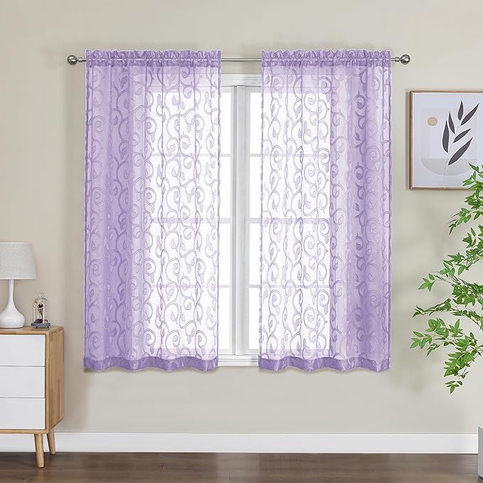 OWENIE Furman Light Purple Sheer Curtains 54 Inch Length 2 Panels Set for Living Room Bedroom, Jacquard Clip Short Curtains for Small Window, Modern Rod Pocket Bathroom Window Curtain 42W inch 54L