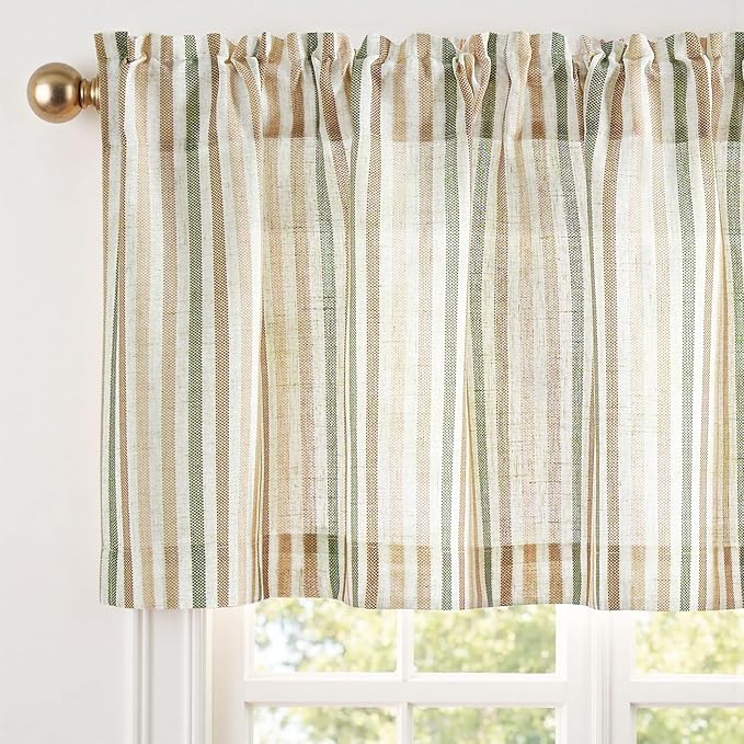 jinchan Valance Curtain Linen Textured Striped Window Curtain for Living Room Light Filtering Farmhouse Valance for Kitchen Rod Pocket 1 Panel 16 Inch Multi Green on Linen
