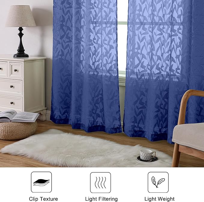 Lecloud Leia Dusty Blue Sheer Curtains 72 Inch Length 2 Panels, Airy & Breathable Light Filtering Jacquard Textured Voile Curtains with Dual Rod Pockets, Bedroom Living Room Window Drapes, 40 W x 72 L