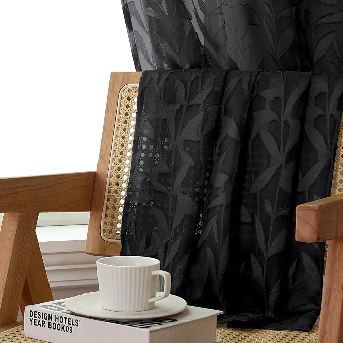 Lecloud Leia Jacquard Black Sheer Curtains 96 Inches Long 2 Panels, Balance Light & Privacy Clip Textured Voile Curtain with Dual Rod Pockets, Farmhouse Leaf Living Room Bedroom Drapes, 38X96 Inch
