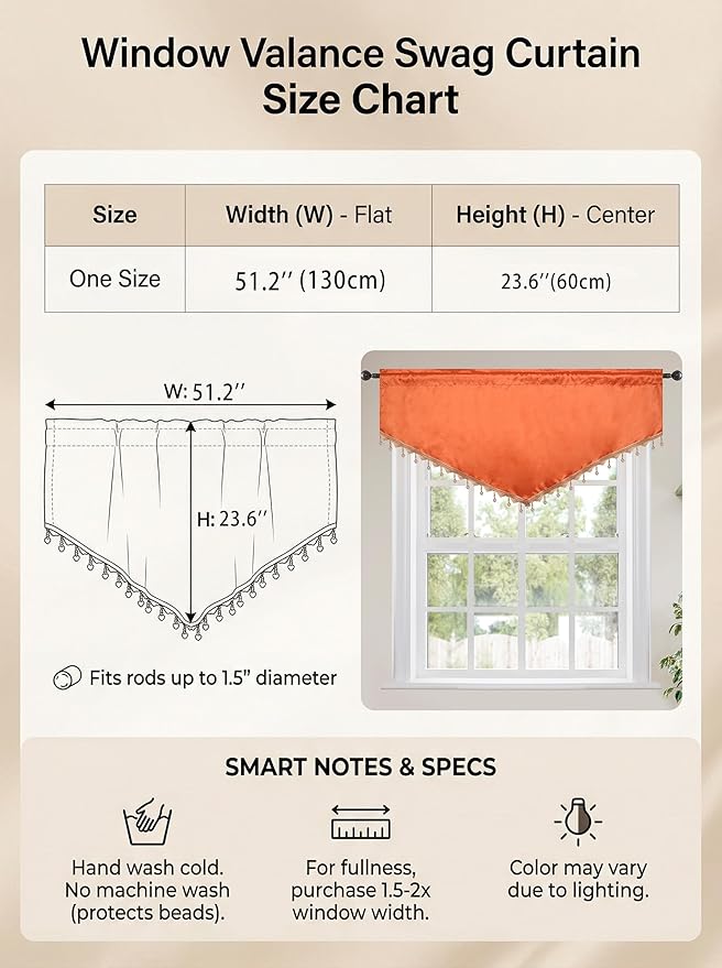 Molaxhome Swag Curtain 51 inch Length Rod Pocket Scalloped Curtain Valance Sheer Lace Panels with Hanging Crystal Beads for Kitchen Bedroom Window Treatments Drape Decor 1pc (Cloth Orange, 51Wx23L)