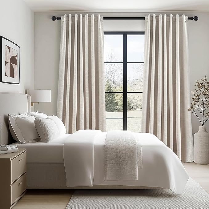 Oatmeal Blackout Curtains for Living Room 100 Inch Long 2 Panels,Linen Textured Room Darkening Drapes for Dining Room Back Tab with Hooks Boho Modern Solid Color Cottage Urban Decor 52x100