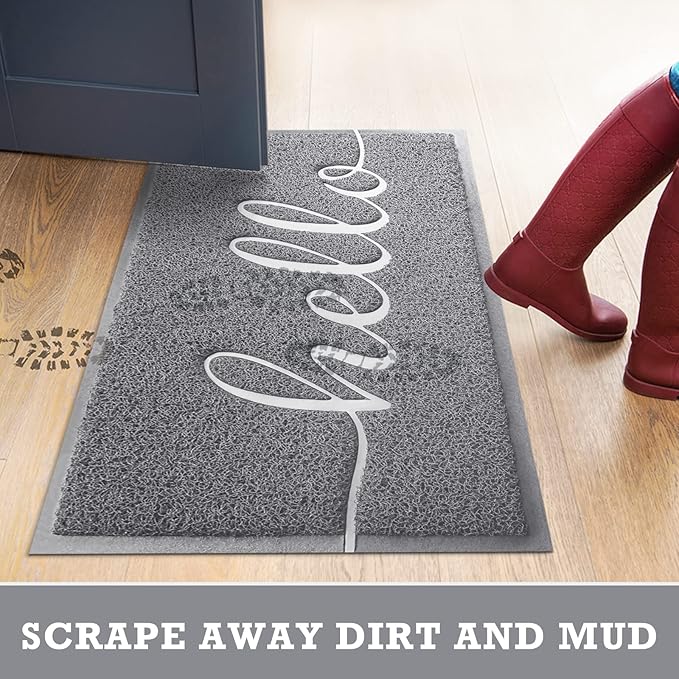 CozyBounty Door Mat Hello Mats Outdoor Indoor Non-Slip Doormat for Entryway Low-Profile Floor Mat for Yard, Garage, High Traffic Areas (30"x17.5", Grey)
