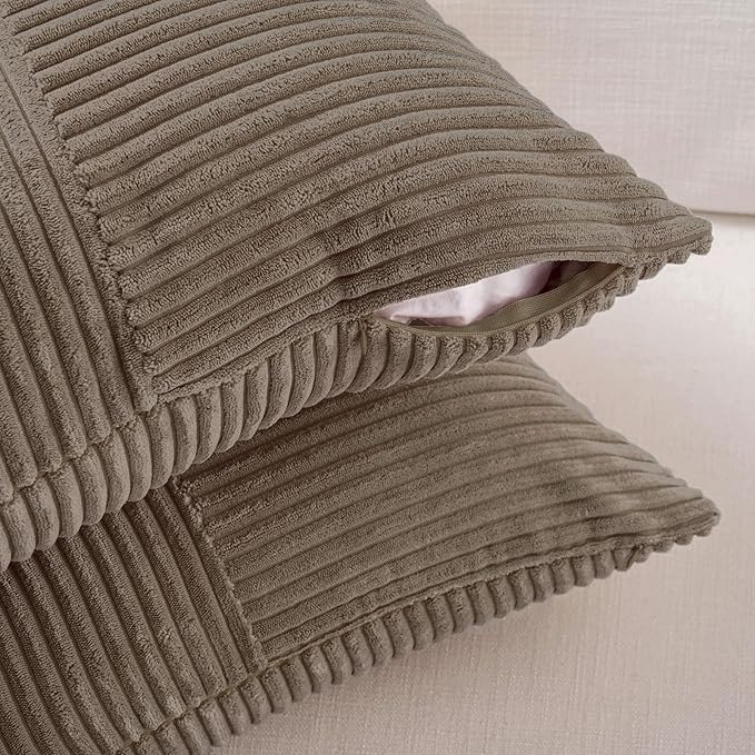 Fancy Homi Set of 2, Light Brown Patchwork Corduroy Decorative Soft Striped Modern Accent Cushion Case Farmhouse Boho Neutral Throw Pillow Covers for Chair Couch Bed Sofa Living Room 24x16 Inch