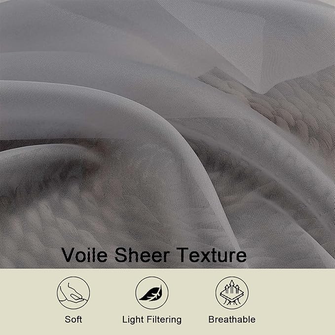 Sheer Grey Curtains for Bedroom Living Room 63 Inch Length 2 Panels, Airy Soft Light Filtering Sheer Dining Room Curtains, Modern Rod Pocket Drapes, Grey, Each 42" Wx63 L Inches