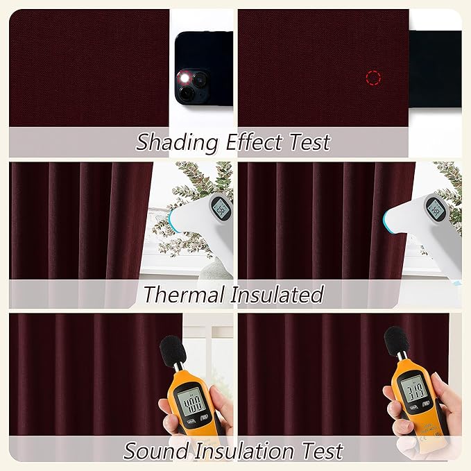 Guken Burgundy 100% Blackout Linen Curtains 84 Inch Length 2 Panels Set for Living Room Bedroom Back Tab Thermal Insulated Black Out Drapes Room Darkening Farmhouse Style for Bedroom Window Curtains