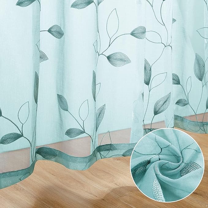 HOMEIDEAS Turquoise Aqua Sheer Curtains 52 X 96 Inches Length 2 Panels Embroidered Leaf Pattern Pocket Faux Linen Floral Teal Voile Window Drapes for Bedroom Living Room