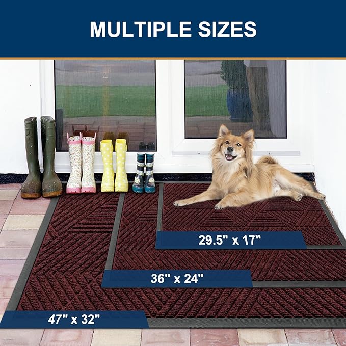 Smiry Front Door Mat Outside Entrance, Heavy Duty Sturdy Natural Rubber Doormat, Trap Dirt and Moisture, Easy Clean Low Profile Mats for Indoor Outdoor Entry, Irregular Triangle (29.5x17, Dark Red)