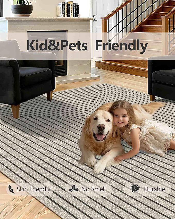 Latte&Fog 10x14 Area Rug for Living Room, Extra Large Beige Modern Abstract Washable Rugs, Boho Non Slip Low Pile Carpet for Indoor Bedroom Dining Room, Office, Dorm, Classroom and Farmhouse - Beige