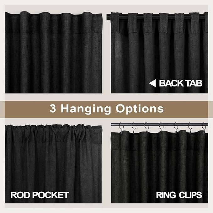 Black Linen Curtains 84 Inch Length for Living Room 2 Panel Back Tab Pocket Muslin Light Filtering Semi Privacy Thick Sheer Floor Length Curtain for Mens Bedroom Man Cave Modern Farmhouse Gothic Decor