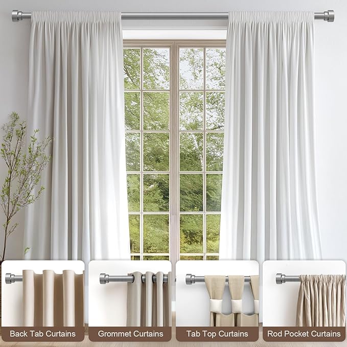 Lootkell Modern Silver Curtain Rods for Windows 28 to 48 Inches Adjustable Length Heavy Duty 1" Diameter Window Curtain Rod with Decorative Finials for Outdoor Bedroom Kitchen Living Room
