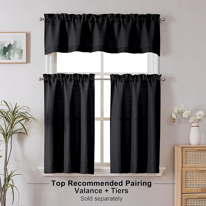 Chyhomenyc Black Short Curtain Valance for Windows, Faux Linen Textured Half Window Curtains, Burlap Solid Small Curtain for Bathroom Laundry Basement Valance, 60Wx22L Inch, 1 Piece