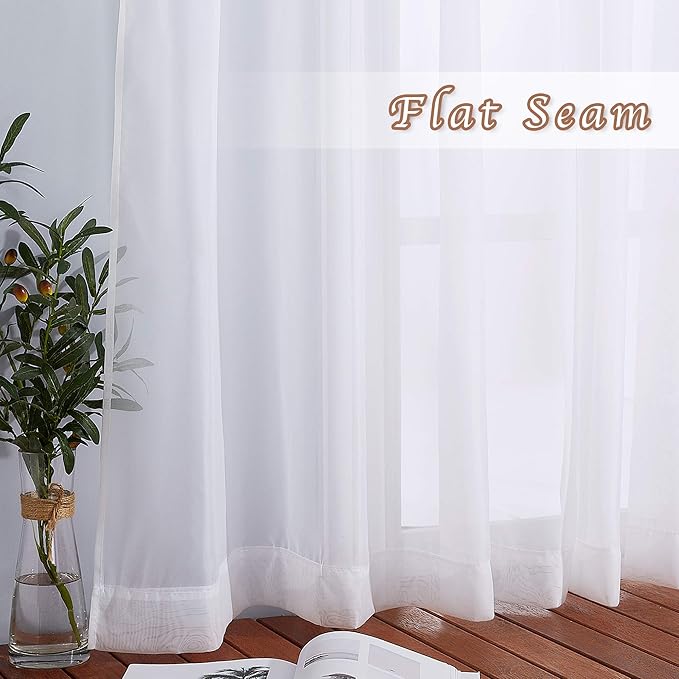 NICETOWN Sheer Curtains Extra Long and Wide W70 x L108 for Living Room Windows, Grommet Voile Sheer Textured Window Drapes for Sliding Glass Door/Villa, White, Set of 2
