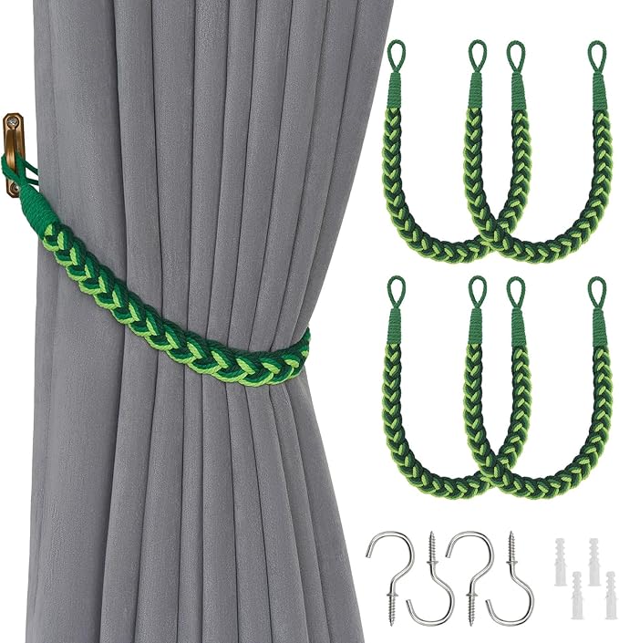 NICEEC 4 Pack Natural Cotton Rope Curtain Tiebacks Elegant Boho Style Decorative Drape Tie Backs Soft Hand-Woven Rope Curtain Holdbacks with Metal Hook for Home & Office Drapery (Gradient Green)