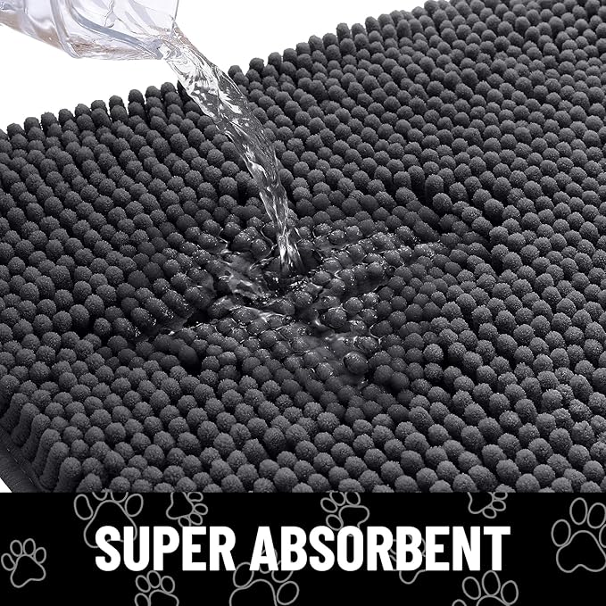Smiry Dog Door Mat for Muddy Paws, Absorbent Dirt Trapper Non Slip Quick Dry Washable Chenille Mat for Mud Dogs, Entry Rug for Indoor and Outdoor (30x20 Inches, Dark Grey and White)