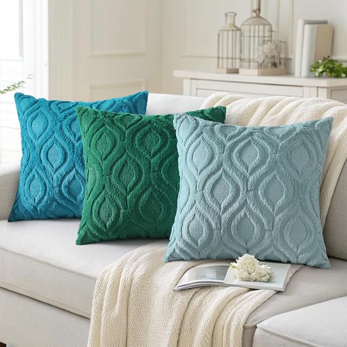 decorUhome Summer Throw Pillow Covers 22x22 Inch Set of 2, Soft Plush Faux Wool Turquoise Solid Couch Pillow Covers, Accent Euro Sham Farmhouse Neutral Square Pillow Cases for Sofa Bed Living Room