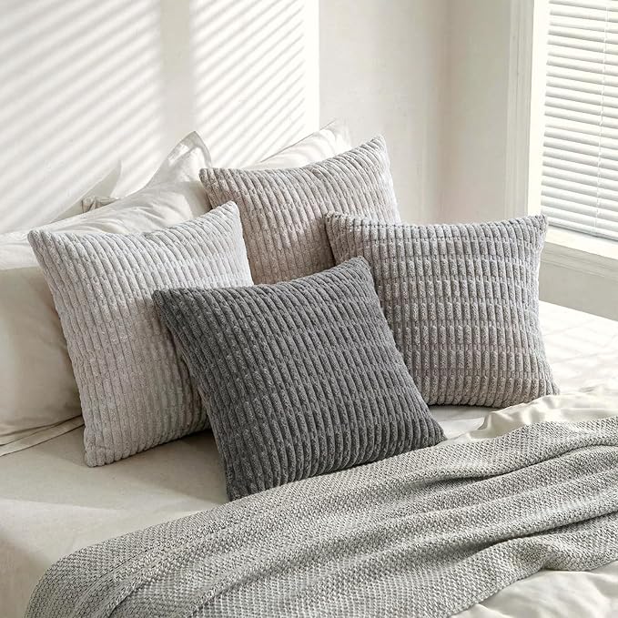 Fancy Homi Set of 4 Grey and White Boho Decorative Throw Pillow Covers 26x26 Inch for Couch Bed Sofa, Aesthetic Modern Bohemian Room Decor, Fuzzy Fluffy Cozy Corduroy Textured Cushion Case 66x66cm