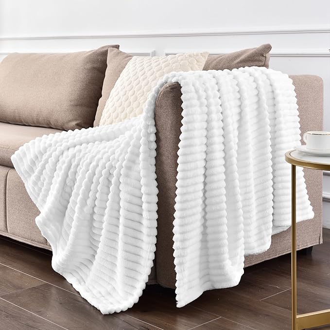 BEDELITE Fleece Throw Blanket for Couch – 3D Ribbed Jacquard Soft and Warm Decorative Fuzzy Blanket – Cozy, Fluffy, Plush Lightweight White Throw Blankets for Bed, Sofa, 50x60 inches
