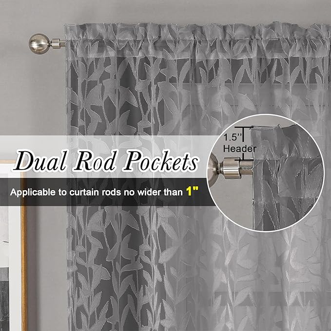 Lecloud Leia Charcoal Grey Sheer Curtains 96 Inches Long 2 Panels, Airy Leaf Jacquard Textured Curtain Panels, Light Filtering & Privacy Curtains for Living Room Bedroom Big Windows, 52" W x 96" L