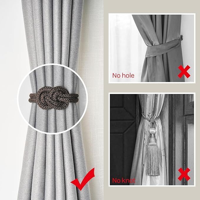 NICEEC 4 Pack Mini Magnetic Curtain Tiebacks Nordic Simple Style Drape Tie Backs Elegant Hand Weave Rope Knot Decorative Curtain Holdbacks for Home & Office Thin Window Drapery (Coffee)