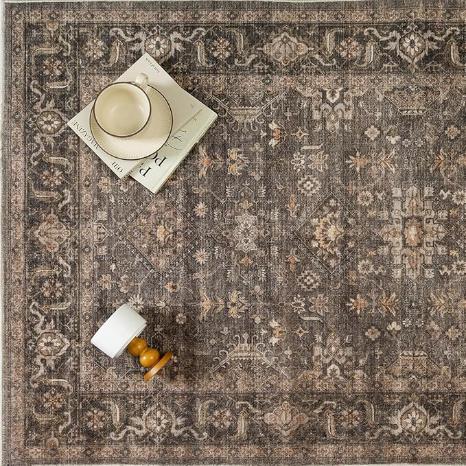 2x12 Washable Runner Rug for Hallway Kitchen Vintage Brown Non Slip Low Pile Carpet Traditional Retro Soft Throw Rug for Bathroom Bedroom Entryway Indoor Entrance