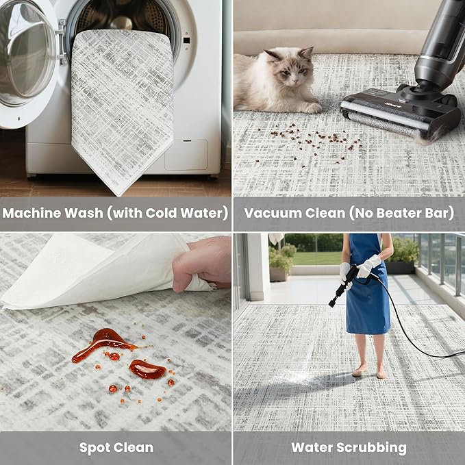 10x14 Area Rugs for Living Room Washable Rug: Anti-Skid Abstract Modern Living Room Rug Soft Thin Carpets Indoor Floor Non-Shedding Carpet for Bedroom Dining Farmhouse Nursery Home Office White Gray