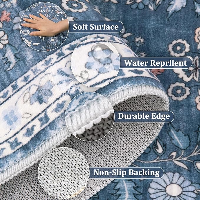 Yamaziot Washable Runner Rug 2x12 – Floral Non Slip Boho Hallway Runner Rug with Rubber Backing, Low Pile Faux Wool Distressed Carpet for Kitchen, Laundry, Bedroom, Entrance, Blue