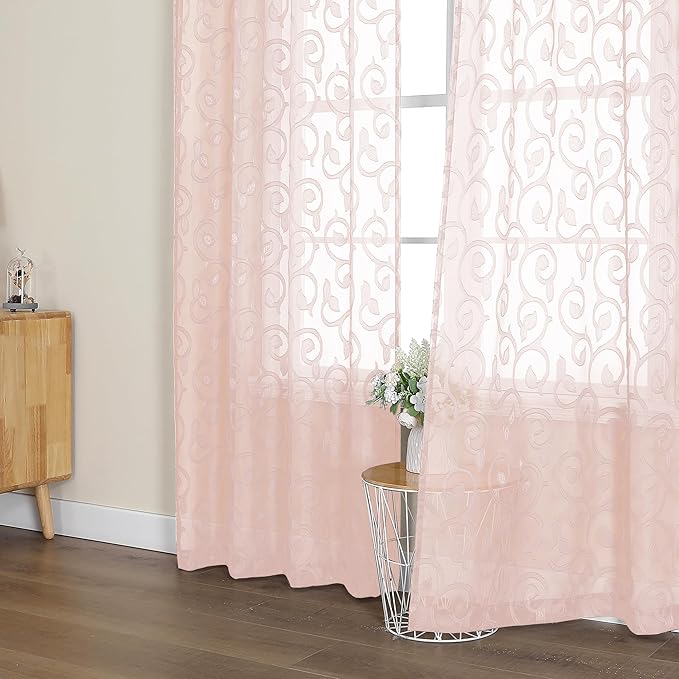 OWENIE Furman Blush Sheer Curtains, 72 inches Long 2 Panels Set, Light Filtering Top Rod Pocket Semi Sheer, Pink Door Curtains for Bedroom Living Room, 40Wx72L inch, Geometric Jacquard Design