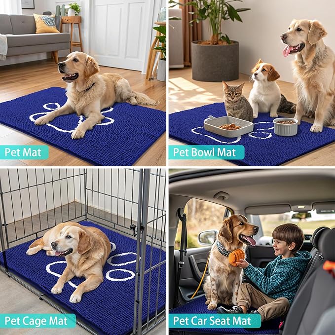 Smiry Dog Door Mat for Muddy Paws, Absorbent Dirt Trapper Non Slip Quick Dry Washable Chenille Mat for Mud Dogs, Entry Rug for Indoor and Outdoor (24x16 Inches, Navy Blue and White)