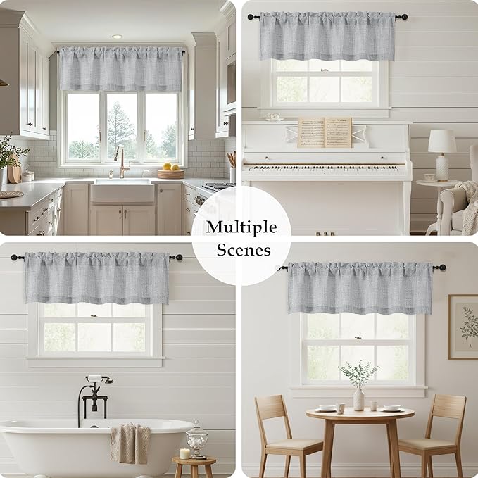 OWENIE Grey Valances for Windows 1 Pcs, Light Filtering Textured Farmhouse Short Small Valance Curtains for Bathroom Basement Living Room Bedroom, Rod Pocket Half Curtains for Windows, 60Wx12L Inch