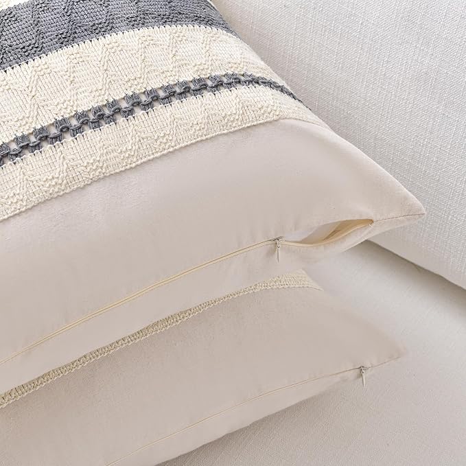 Fancy Homi Set of 1 Neutral Grey Farmhouse Decorative Throw Pillow Covers 16x16 Inch for Couch Bed Chair Indoors, Vintage Country Rustic Retro Room Decor, Soft Thick Cotton Handmade Woven Cushion Case