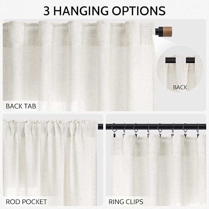 Nanspring Neutral Linen Curtains 63 Inch Length for Living Room Light Filtering Semi Sheer Curtain Coastal Modern Farmhouse Decor Drapes for Bedroom Back Tab and Rod Pocket 52x63, 2 Panels