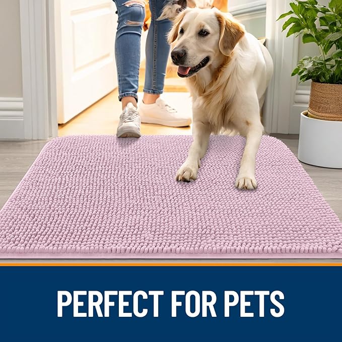 OLANLY Dog Door Mat for Muddy Paws 59x24, Absorbs Moisture and Dirt, Absorbent Non-Slip Washable Doormat, Quick Dry Chenille Mud Mat for Dogs, Entry Indoor Entryway Carpet for Inside Floor, Dusty Rose