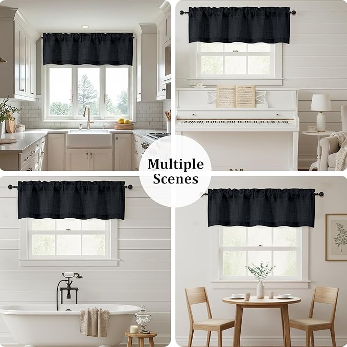 OWENIE Black Valances for Windows 1 Pcs, Light Filtering Textured Farmhouse Short Small Valance Curtains for Bathroom Basement Living Room Bedroom, Rod Pocket Half Curtains Over Sink, 52" Wx16 L