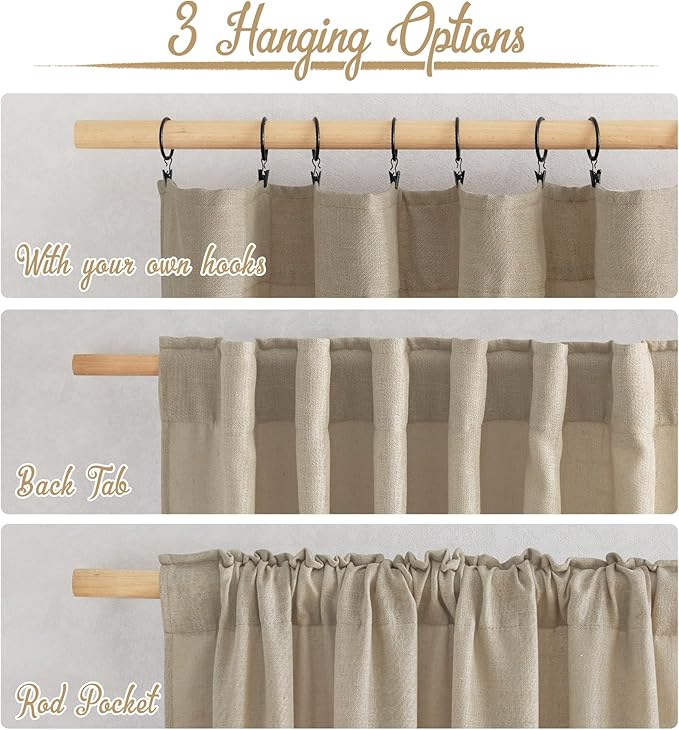 NICETOWN Taupe Curtains 84 inch Length 2 Panels Set, Rod Pocket & Back Tab Natural Linen Burlap Semi Sheer Window Treatments Privacy with Light Filtering for Bedroom/Living Room, W52 x L84