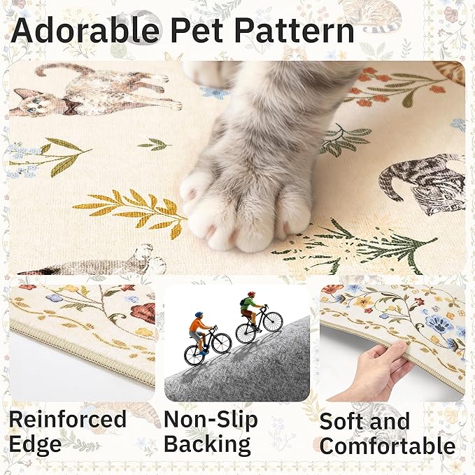 Cat 9x12 Area Rugs for Living Room, Machine Washable Animal Floral Vintage Rug Non-Slip Low Pile Soft Throw Large Rugs for Bedroom Dining Room Kitchen Nursery Playroom (9 x 12,Beige)