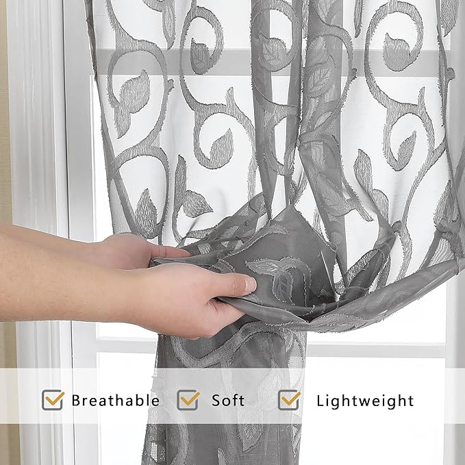 OWENIE Furman Sheer White Curtains 45 Inch Length 2 Panels Set for Living Room Bedroom Bathroom Window, Airy Jacquard Clip Short Curtains for Small Window, 40Wx45L inch