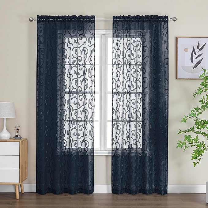 OWENIE Furman Navy Blue Semi Sheer Curtains 72 inches Long for Bedroom Living Room 2 Panels Set, Semi Transparent Geometric Jacquard Pattern Door Panels, Lightweight Airy Privacy Drapes, 40Wx72L inch