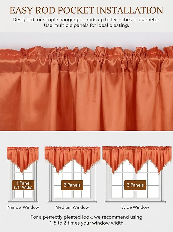Molaxhome Swag Curtain 51 inch Length Rod Pocket Scalloped Curtain Valance Sheer Lace Panels with Hanging Crystal Beads for Kitchen Bedroom Window Treatments Drape Decor 1pc (Cloth Orange, 51Wx23L)