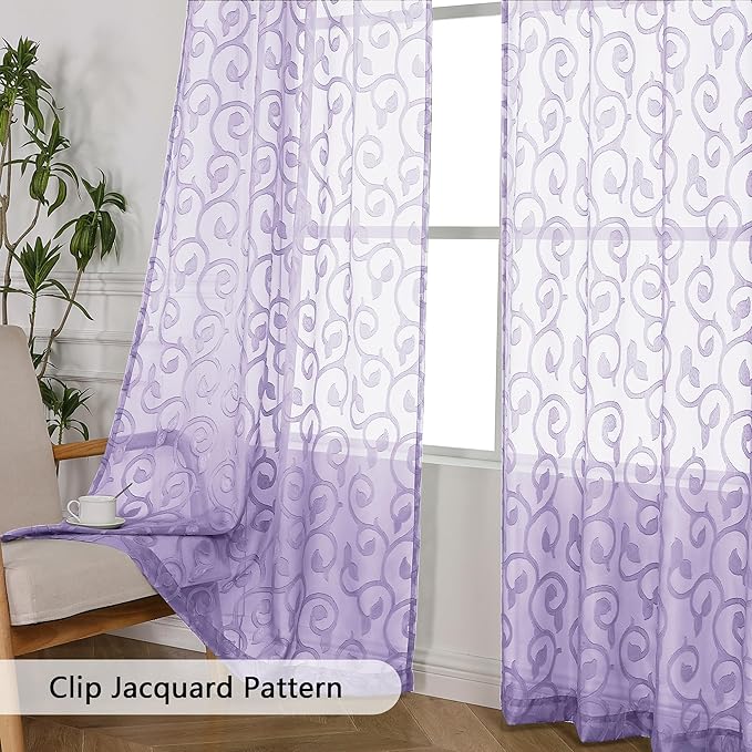 OWENIE Furman Sheer Curtains 63 inch Length for Bedroom Living Room 2 Panels Set, Jacquard Clip Textured Semi Sheer Curtains, Light Filtering Rod Pocket Farmhouse Darpes, 40Wx63L inch, Light Purple
