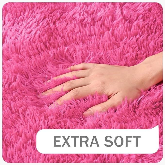 Amearea Shag Fluffy Area Rug for Bedroom Girls Living Room, Extra Soft and Fuzzy Shaggy Rugs, Non Slip, Solid Color Carpet Mat for Boys Nursery Home, Hot Pink 5.3x7.5 Feet