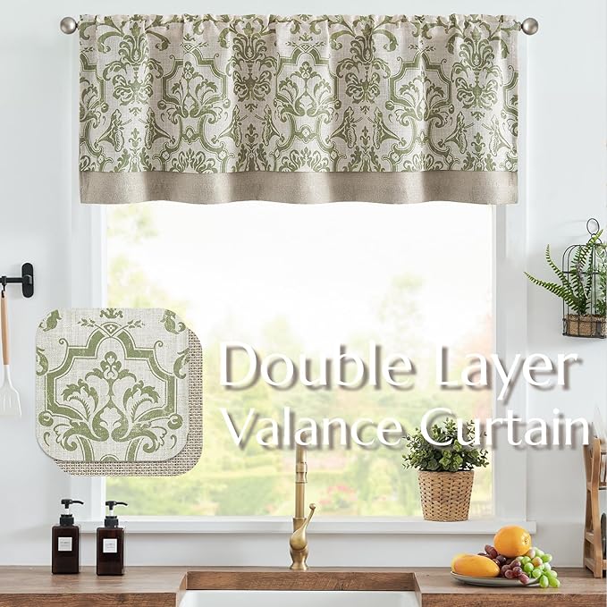 jinchan Linen Valance Curtain for Kitchen Vintage Damask Floral Blackout Valance Double Layer Small Window Curtain for Living Room Bedroom Bathroom 18 Inch Rod Pocket 1 Panel Sage Green on Beige